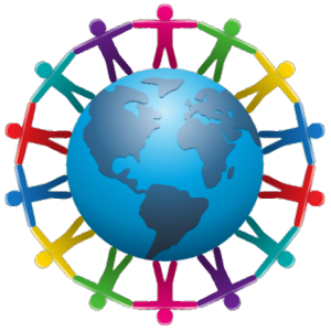 Clipart of people holding hands around a globe.